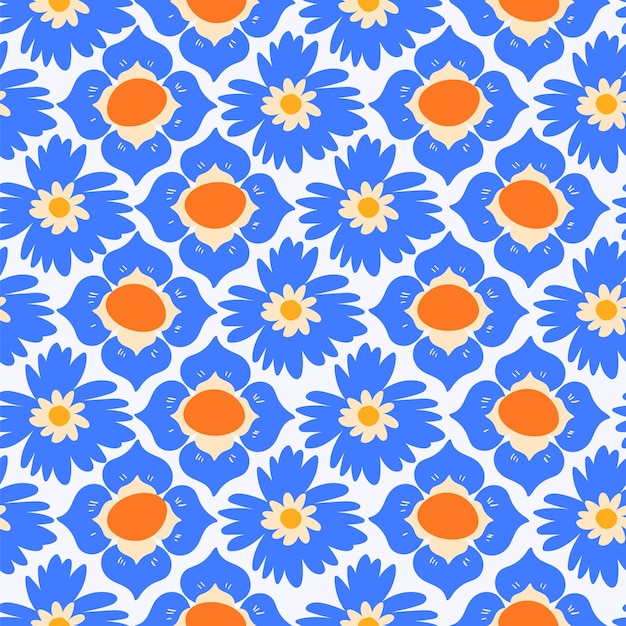 Modelo sin costuras de flor azul con adorables flores abstractas dibujando plantas extravagantes de verano y primavera