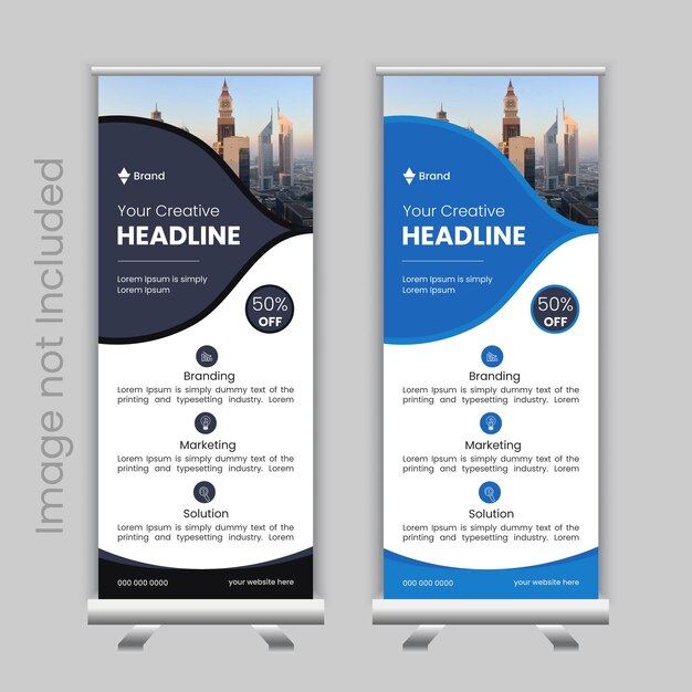 Modelo de diseño de banner enrollado libre de amplificador negro y azul