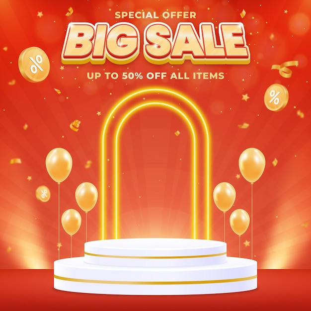 Modelo de diseño de banner de venta realista y colorido con podio 3D para promocionar su negocio