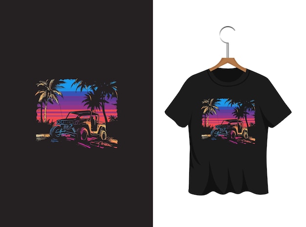 Vector modelo de diseño de camiseta de playa de atardecer con coche colorido