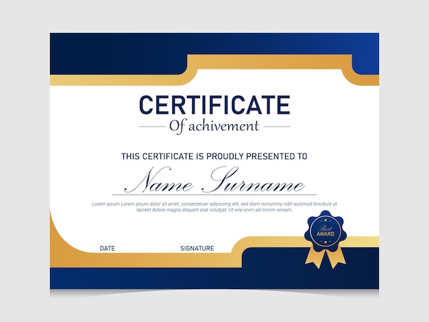 Modelo de diseño de certificado de azul profundo dorado moderno