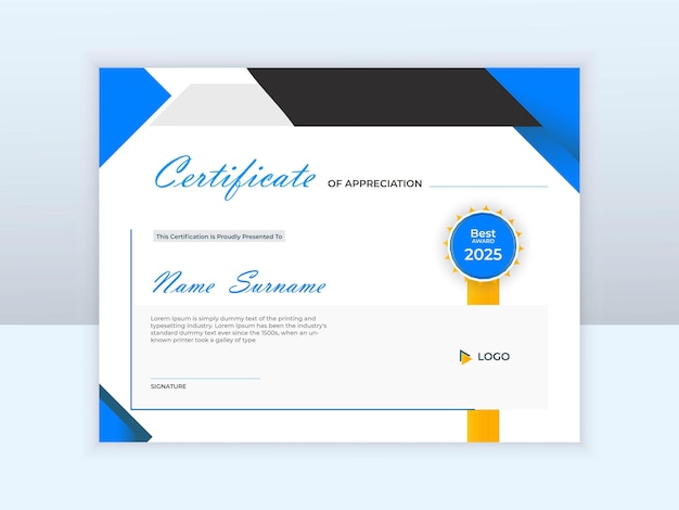 Modelo de diseño de certificado de color azul y amarillo