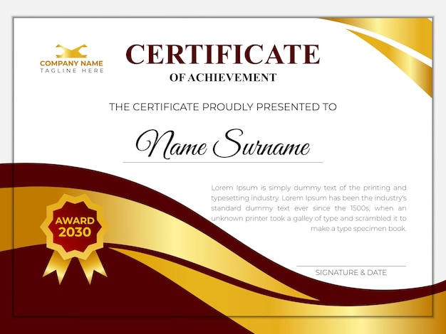 Modelo de diseño de certificado elegante con gradiente rojo y dorado