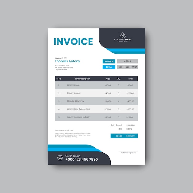 Modelo de diseño de factura empresarial minimalista vector premium
