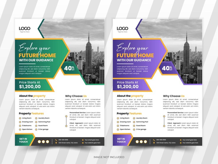 Modelo de diseño de folletos inmobiliarios elegantes y creativos Ilustración vectorial