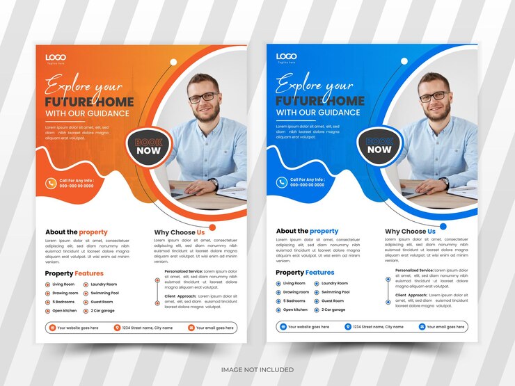 Modelo de diseño de folletos inmobiliarios elegantes y creativos Ilustración vectorial