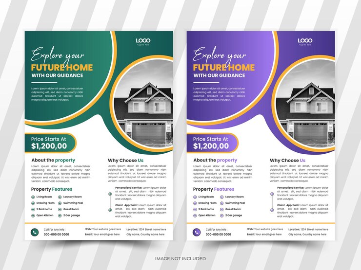 Modelo de diseño de folletos inmobiliarios elegantes y creativos Ilustración vectorial