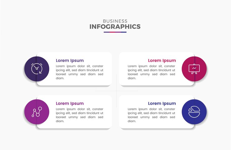 Modelo de diseño infográfico de negocios moderno y colorido en 4 pasos para elementos infográficos de presentación