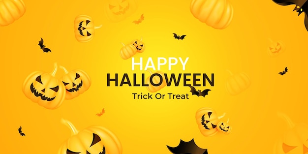 Modelo de diseño de pancartas 3D realistas de Feliz Halloween con un gradiente de color naranja calabazas y murciélagos