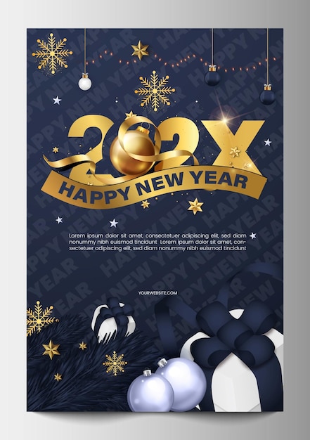 Modelo de diseño de póster de Año Nuevo de lujo de oro negro