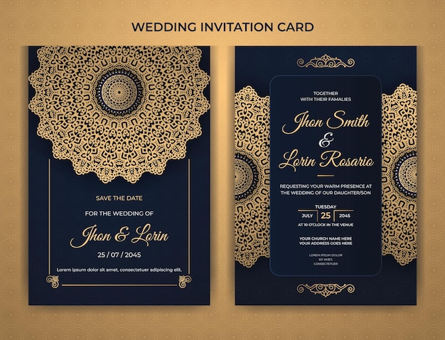 Modelo de diseño de tarjetas de invitación de boda azul de lujo Mandala dorada con patrón arabesco