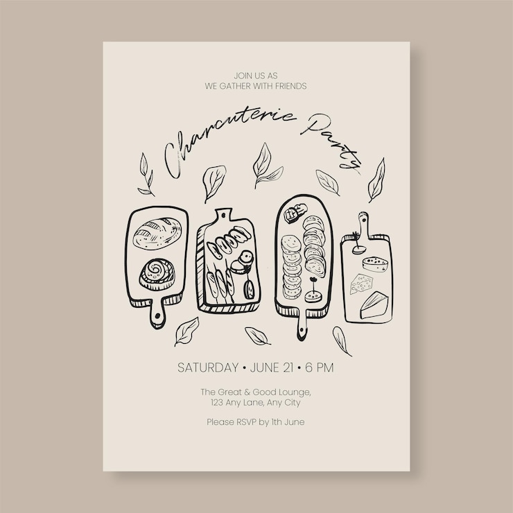 Vector modelo editable de invitación de charcutería minimalista para fiestas y reuniones caprichosas