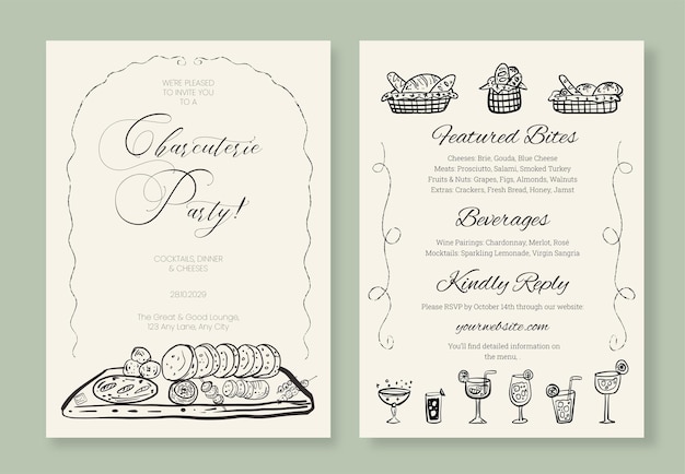 Modelo editable de invitación de charcutería minimalista para fiestas y reuniones caprichosas