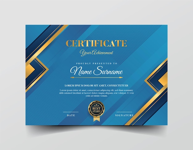 Modelo elegante de certificado de logro azul y dorado