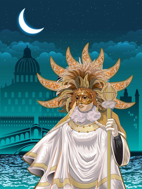 Vector un modelo enmascarado veneciano posando durante la noche del carnaval en venecia