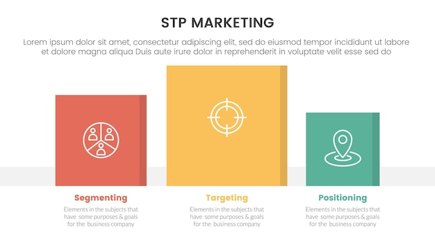 Vector modelo de estrategia de marketing stp para la segmentación infografía del cliente con cuadro cuadrado caja de datos dirección derecha 3 puntos para la presentación de diapositivas