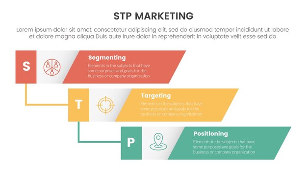 modelo de estrategia de marketing stp para la segmentación infografía del cliente con línea de tiempo vertical inclinado rectángulo cascada 3 puntos para la presentación de diapositivas