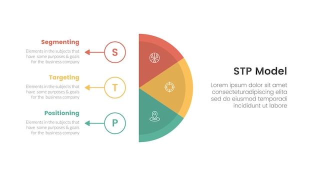 Vector modelo de estrategia de marketing stp para la segmentación infografía del cliente con medio círculo vertical con círculo de contorno y flecha 3 puntos para la presentación de diapositivas