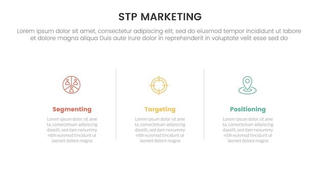 Vector modelo de estrategia de marketing de stp para la segmentación infográfica de clientes con información horizontal limpia con divisor de líneas 3 puntos para la presentación de diapositivas