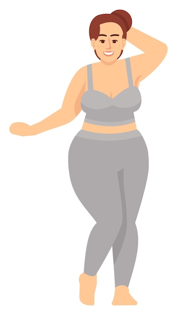 Modelo femenino con curvas posando en ropa deportiva ilustración vectorial de color RGB semiplana. Auto-aceptación. Persona que promueve el enfoque de positividad corporal personaje de dibujos animados aislado sobre fondo blanco