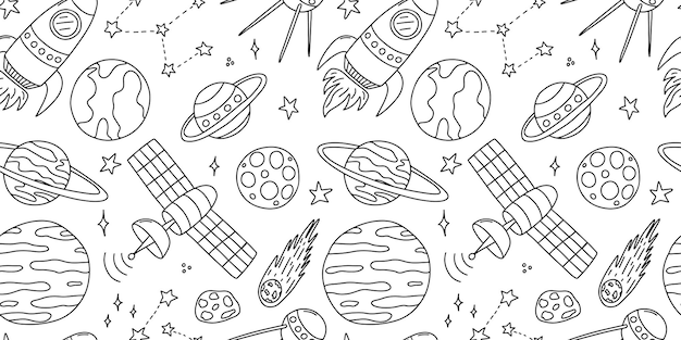 Modelo sin fisuras del vector espacial de Doodle Estrellas de planetas de cohetes Modelo de satélites y meteoritos