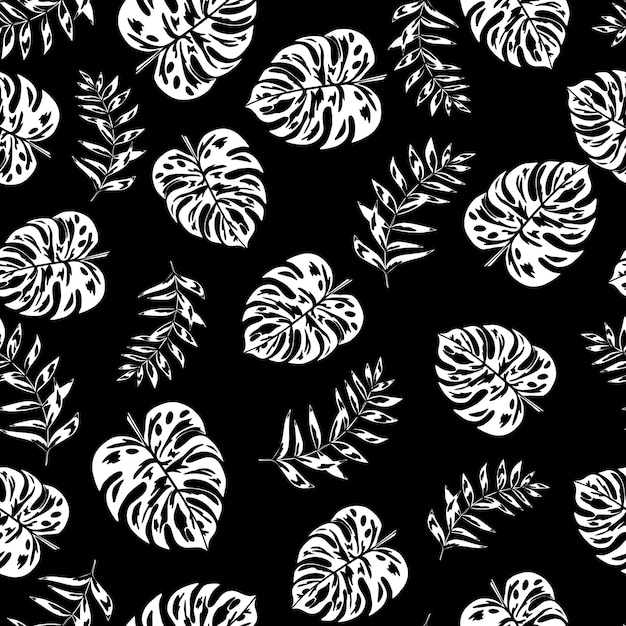 Modelo floral exótico sin costuras hojas de monstera en fondo negro impresión de verano de moda