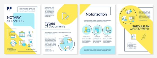 Modelo de folleto azul y amarillo del servicio de notariado