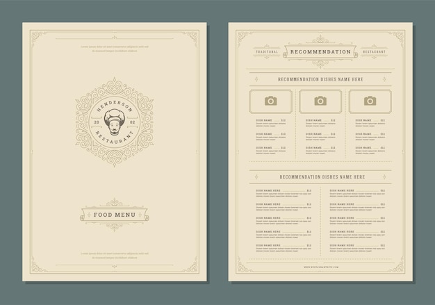 Modelo de folleto vectorial de diseño de menús y etiquetas de restaurantes