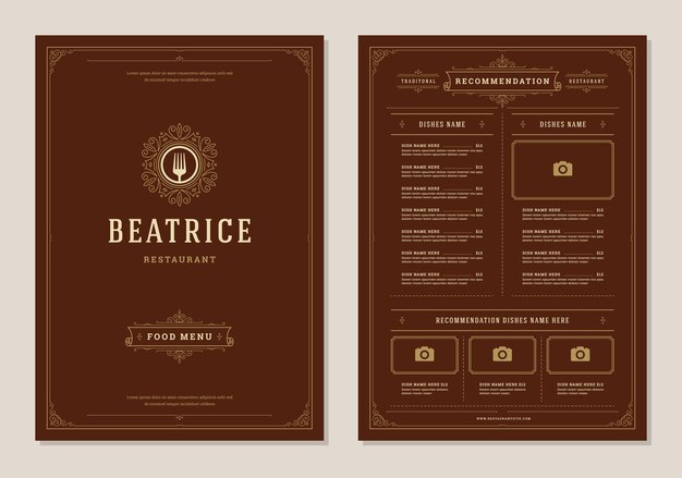 Modelo de folleto vectorial de diseño de menús y etiquetas de restaurantes