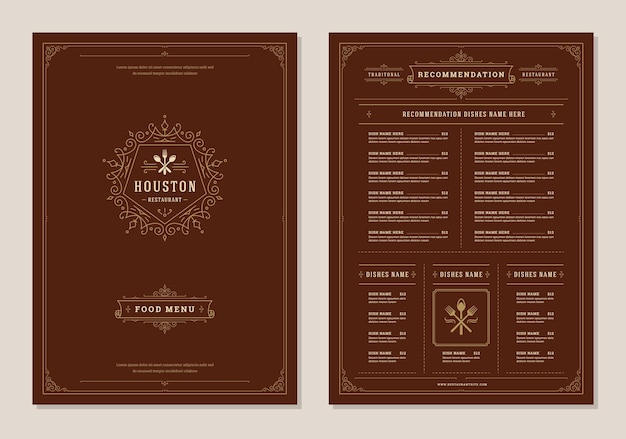 Modelo de folleto vectorial de diseño de menús y etiquetas de restaurantes