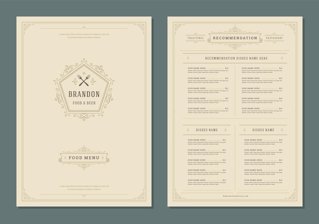 Modelo de folleto vectorial de diseño de menús y etiquetas de restaurantes