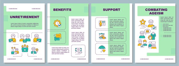 Vector modelo de folleto verde sostenible para los no jubilados diseño de folleto multicolor con íconos lineales delgados 4 diseños vectoriales