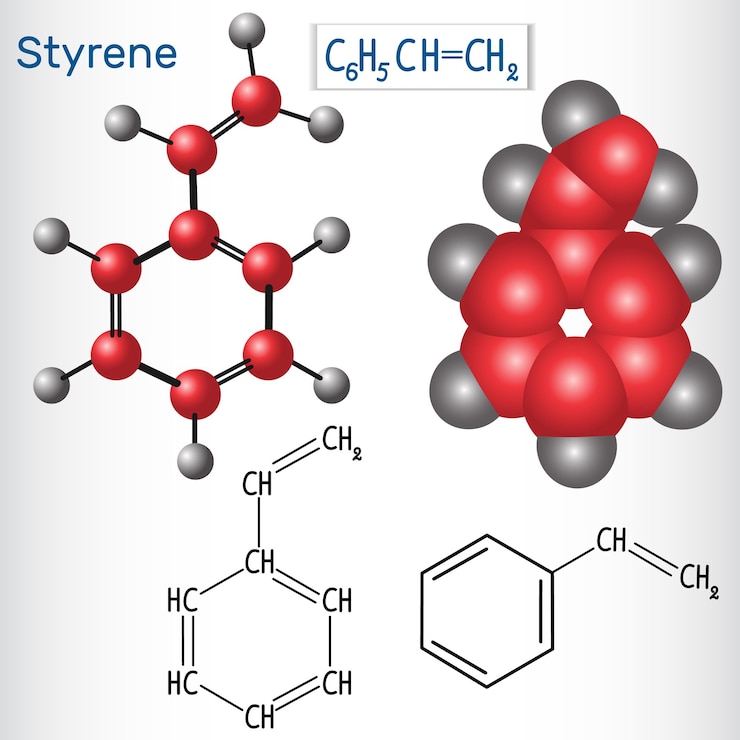 Vector modelo de fórmula química estructural de la molécula de estireno etenilbenceno vinilbenceno feileteno