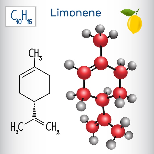 Vector modelo y fórmula química estructural de la molécula de limoneno producto cosmético