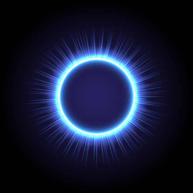 Vector modelo de fuegos artificiales círculo resplandeciente sol rayo de luz y anillo chispeante túnel colorido borde brillante portal mágico de llama azul remolino luminoso de electrones y destellos