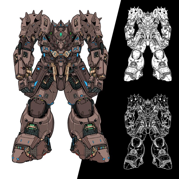 Vector modelo futurista boceto en blanco y negro gigante mecha robot cuerpo arma ilustración vector premium