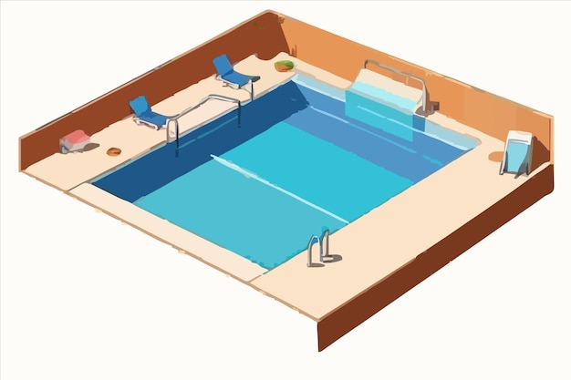 Vector un modelo de una habitación con una piscina y una mesa con sillas y una mesa con sillas