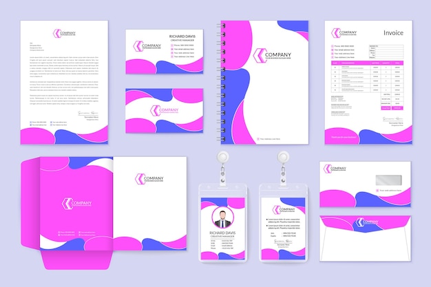 Vector modelo de identidad de marca profesional simple de color rosa y azul de un conjunto de papelería