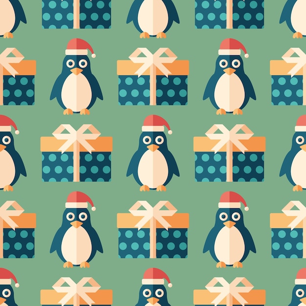 Modelo inconsútil del arte plano del pingüino y de los regalos de la navidad.