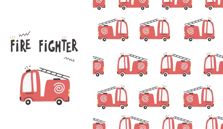 Vector modelo inconsútil de los coches del camión de bomberos lindo. ilustración de bebé de vector en papel digital de estilo escandinavo simple dibujado a mano.