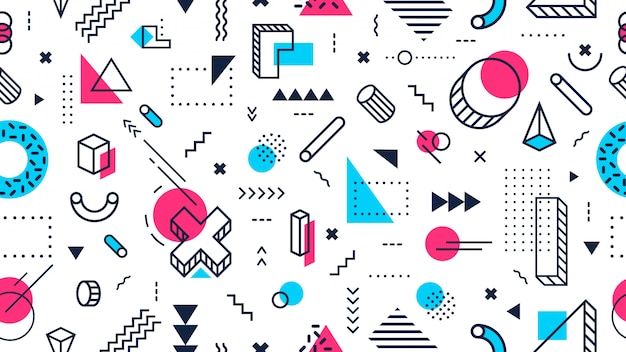 Modelo inconsútil del estilo colorido de memphis. Formas geométricas abstractas, diseño moderno funky y fondo de vector de estilo memphis de los años 80