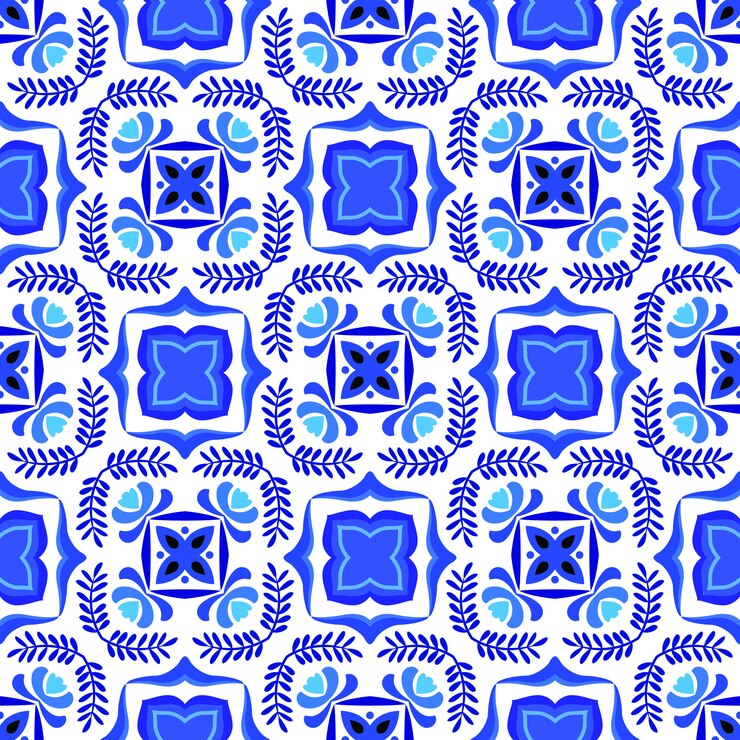 Vector modelo inconsútil de la flor ornamental azul y blanca abstracta.