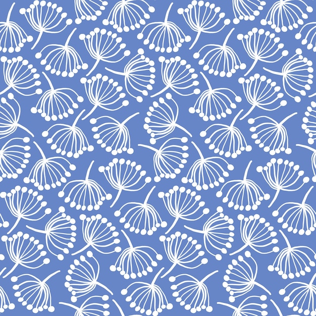 Modelo inconsútil floral lindo del verano con los dientes de león abstractos blancos del doodle en fondo azul
