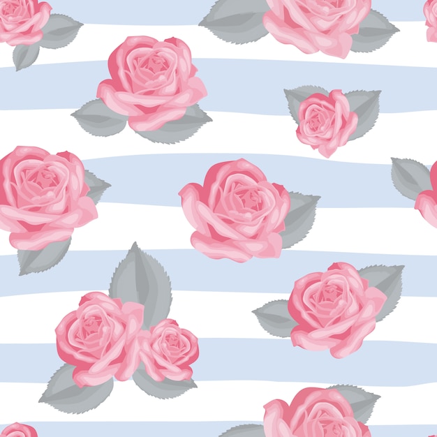 Modelo inconsútil floral retro. Rosas rosadas con hojas sobre fondo rayado azul y blanco