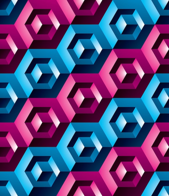 Modelo inconsútil geométrico texturizado abstracto colorido. Telón de fondo textil brillante vectorial con cubos y cuadrados tridimensionales. Cubierta futurista contemporánea gráfica.