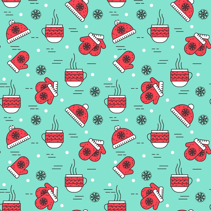 Vector modelo inconsútil del invierno con la taza de té, de mitones, y del sombrero en la línea estilo del arte.