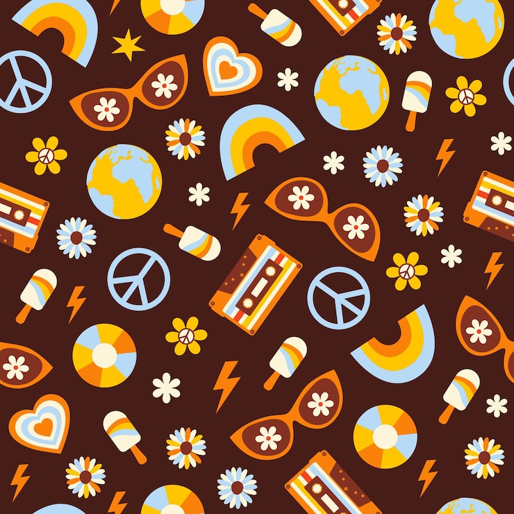 Vector modelo inconsútil maravilloso retro con elementos hippie sobre un fondo marrón ilustración vectorial
