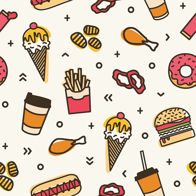 Modelo inconsútil moderno con comida rápida. colorido telón de fondo con varias comidas: helado, hamburguesa, donut, papas fritas, hot dog, pollo frito. ilustración para papel de regalo, estampado textil