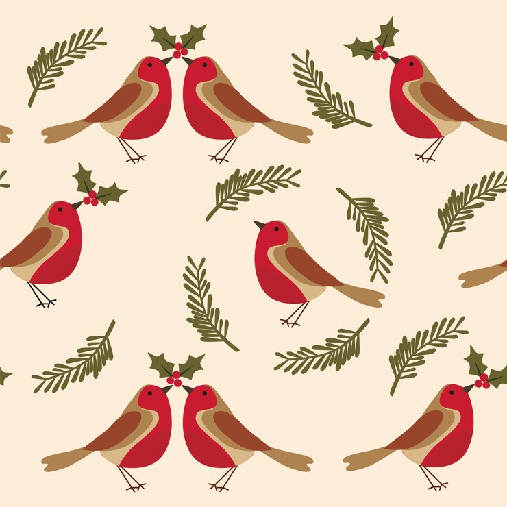 Vector modelo inconsútil de la navidad con el pájaro del petirrojo y las bayas santas.