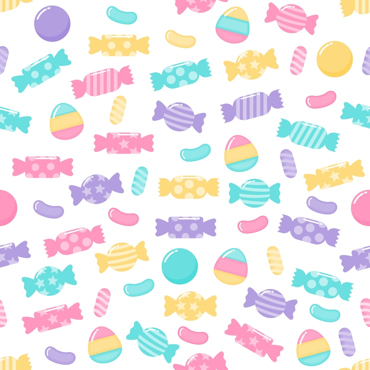 Vector modelo inconsútil de los postres dulces del caramelo en colores pastel lindo de kawaii con diversos tipos en el fondo blanco para el café o el restaurante.